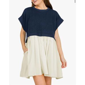 NEW Blue Crew Neck Pullover Oversized Sweatshirt Short sleeve Mini Dress L